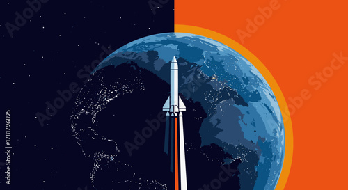 A powerful rocket launches from Earth's vibrant surface, symbolizing humanity's relentless pursuit of space exploration and technological advancement.