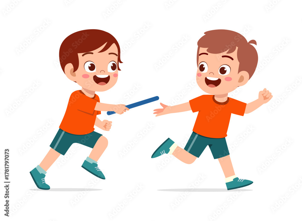 Fototapeta premium Two Boys Running Relay Race Passing Baton Smiling Joyfully Cartoon Illustration