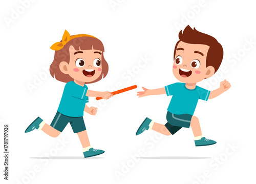 Happy Children Running Relay Race Passing Baton Smiling Joyful Cartoon Illustration
