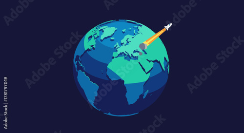 A stylized illustration depicts a rocket launching from the Earth's surface, symbolizing global innovation, space exploration, and technological advancement.