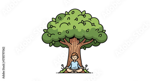 Person meditating peacefully under a large, leafy green tree in a tranquil natural setting, symbolizing mindfulness and relaxation