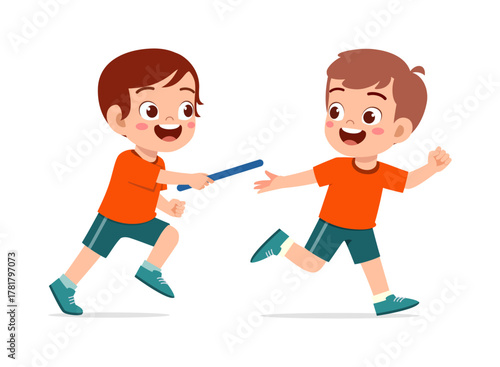 Two Boys Running Relay Race Passing Baton Smiling Joyfully Cartoon Illustration