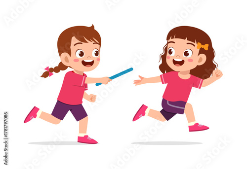 Two Happy Children Running a Relay Race and Passing a Baton With Joyful Expressions