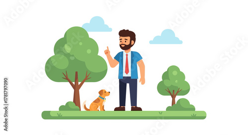 Cartoon man with dog at park in front of tree giving instructions or advice