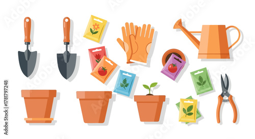 Gardening essentials vector set for planting and horticulture, featuring tools like a trowel, pots, and seed packets