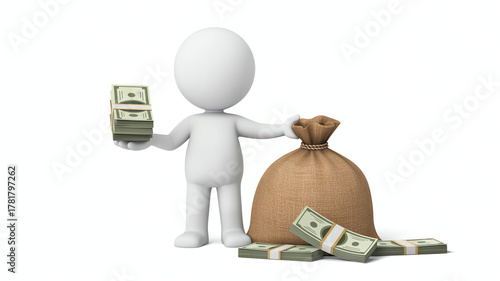 3d white man holding money stack with money bag isolated on white background