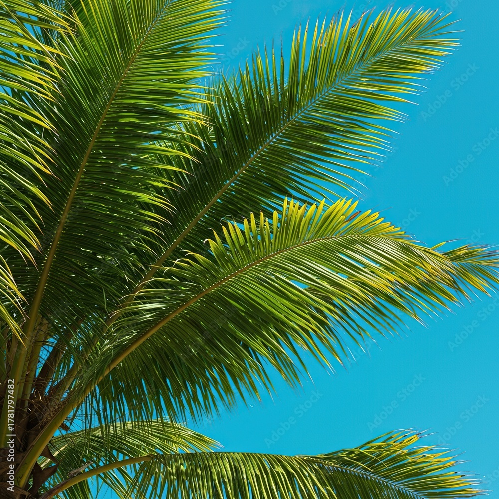 Obraz premium Lush green palm fronds sway gently against a bright blue sky, evoking a serene tropical paradise. A vibrant scene of nature's beauty ,beautiful ,tall ,foliage