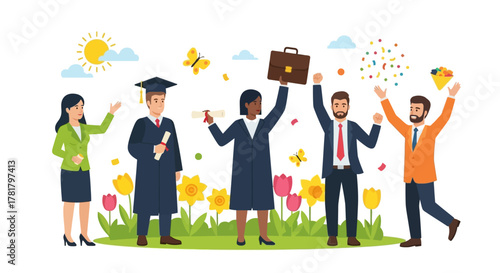 Dynamic diverse group joyfully celebrates academic and professional success, embracing a bright future filled with accomplishments and new opportunities