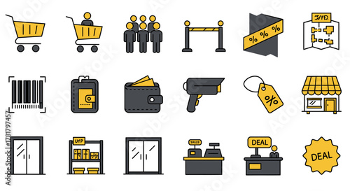 A vibrant set of flat design icons depicting essential elements of retail, e-commerce, shopping deals, and consumer services, ideal for web and apps.
