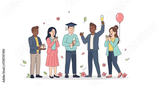 Celebrating Graduation Friends Cheering Graduate with Gifts and Champagne