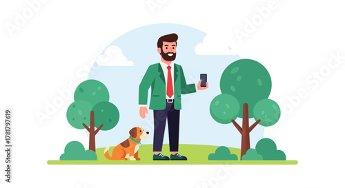 A modern bearded man enjoys a leisurely walk in the park with his loyal dog, holding a smartphone for connection