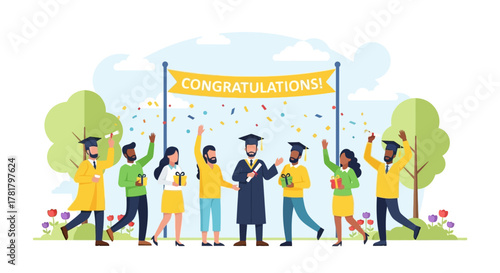 Joyful diverse graduates celebrate academic success and future achievements with diplomas and falling confetti under a vibrant congratulations banner