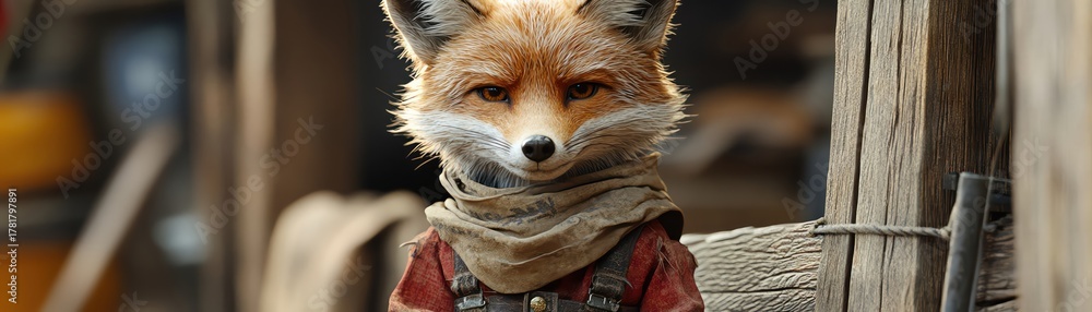 Naklejka premium Fox cub dressed as cowboy beside wooden fence, photorealistic digital clarity