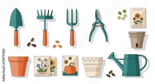 Gardening Tools Collection Sprout Seeds, Watering Can, and Planting Supplies