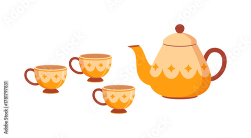 Tea Set with Teapot and Three Cups Illustration on Isolated White Background