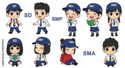 Indonesian School Chibi Uniforms: SD, SMP, SMA