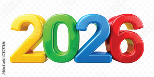 realistic 3d colorful three dimensional 2026 typography Isolated on a transparent background