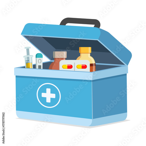 Blue First Aid Kit with Medical Supplies in Illustration Style