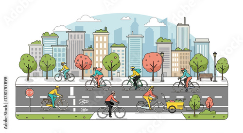 Urban cyclists on the road with colorful trees and city buildings