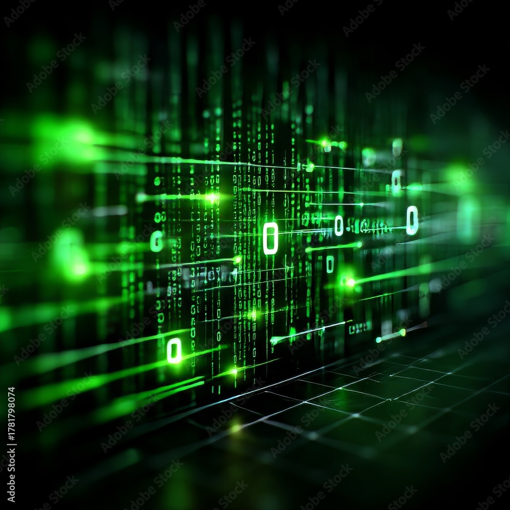 Naklejka premium matrix-style cybersecurity website mockup, dark background with green code stream, digital wireframe 3D elements, glowing data encryption graphics, futuristic font and interface, abstract data visuali