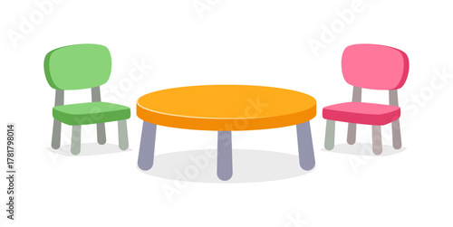 Cartoon Table with Green and Pink Chair Illustration on White Background
