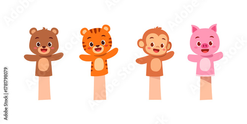 Four animal finger puppets bear tiger monkey and pig standing waving hands cartoon drawing