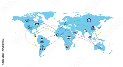 Vector illustration of a world map with people icons connected by lines, depicting a global network and communication