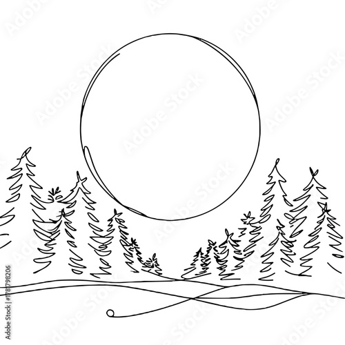 The view from the window is the moon and snow-covered fir trees. Winter windows and interiors Christmas outline / minimal vector
