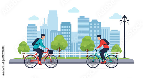 Cyclists commuting through a vibrant city, enjoying a scenic ride on their bicycles