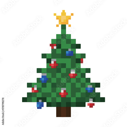 Classic Decorated Christmas Tree with Star Topper and Ornaments in 8-Bit Pixel Art Style, Festive Holiday Season Symbol and Winter Celebration Graphic.