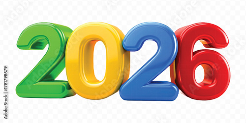 realistic 3d colorful three dimensional 2026 typography Isolated on a transparent background