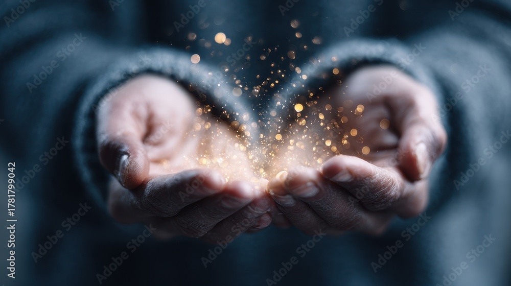 Fototapeta premium Person with open hands holds spiritual light and sparkles, symbolizing connection and energy in a serene setting