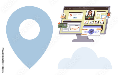 Computer screen displaying analytics, emails, user profiles, and notifications. Ideal for data tracking, project management, technology, business strategy, remote work automation simple flat