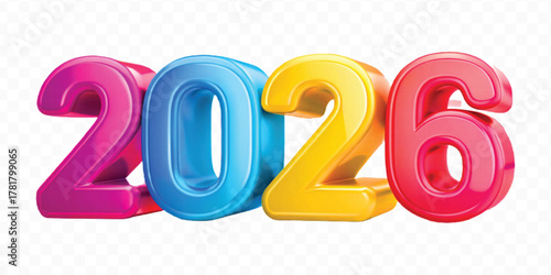 realistic 3d colorful three dimensional 2026 typography Isolated on a transparent background