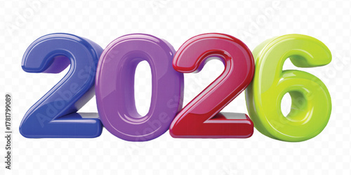 realistic 3d colorful three dimensional 2026 typography Isolated on a transparent background