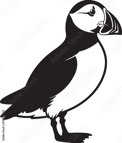 Black and white graphic illustration of a puffin bird facing right with a white background