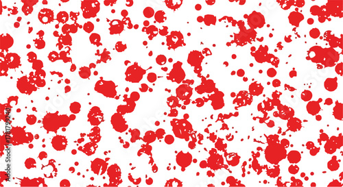 A chaotic splatter pattern of red blots against a stark white backdrop