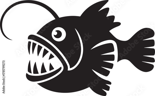 Black Anglerfish with Lure and Sharp Teeth Vector Illustration deep sea fish black fish