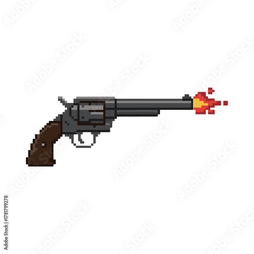Firing Western Revolver Handgun with Muzzle Flash in Retro 8-Bit Pixel Art Style, Classic Firearm Weapon Sprite for an Action or Cowboy Video Game.