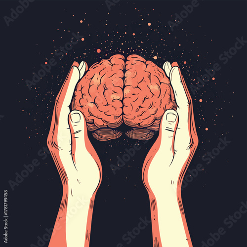 Hands holding human head, attention deficit hyperactivity disorder, ADHD symptom, mental health, confused mind   , vector style simple color
