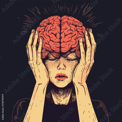 Hands holding human head, attention deficit hyperactivity disorder, ADHD symptom, mental health, confused mind   , vector style simple color