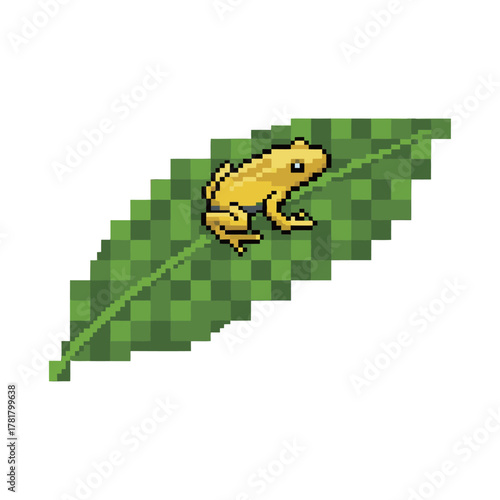 Small Yellow Poison Dart Frog Sitting on a Green Tropical Leaf in 8-Bit Pixel Art Style, Representing Rainforest Wildlife and Amphibian Animal Sprite.
