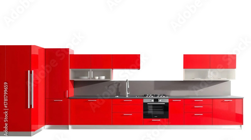 Modern red kitchen cabinets isolated on transparent background