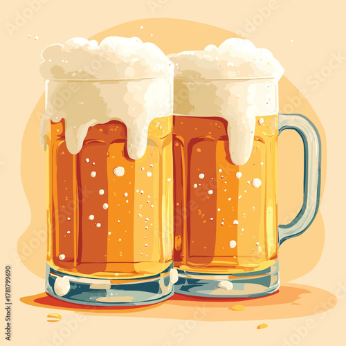 Banner for Happy Beer Day with mugs of fresh beverage. Generative AI   , vector style simple color