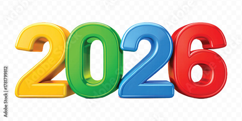 realistic 3d colorful three dimensional 2026 typography Isolated on a transparent background
