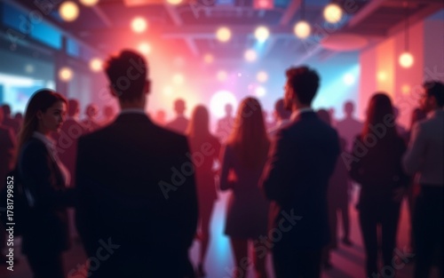 Blurred shot of business people at party or corporate event in office center. High quality