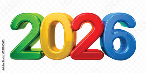 realistic 3d colorful three dimensional 2026 typography Isolated on a transparent background