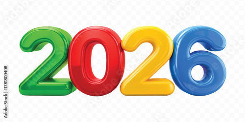 realistic 3d colorful three dimensional 2026 typography Isolated on a transparent background