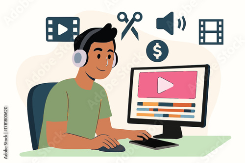 Video editor working on computer isolated on white background illustration