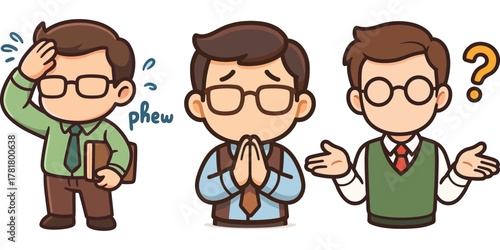 office worker relieved wiping sweat and confused thinking